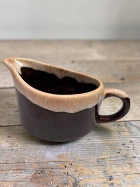 Vintage Handcrafted Ceramic Gravy Boat creamer Brown & Beige Drip Glaze Mid-Cent